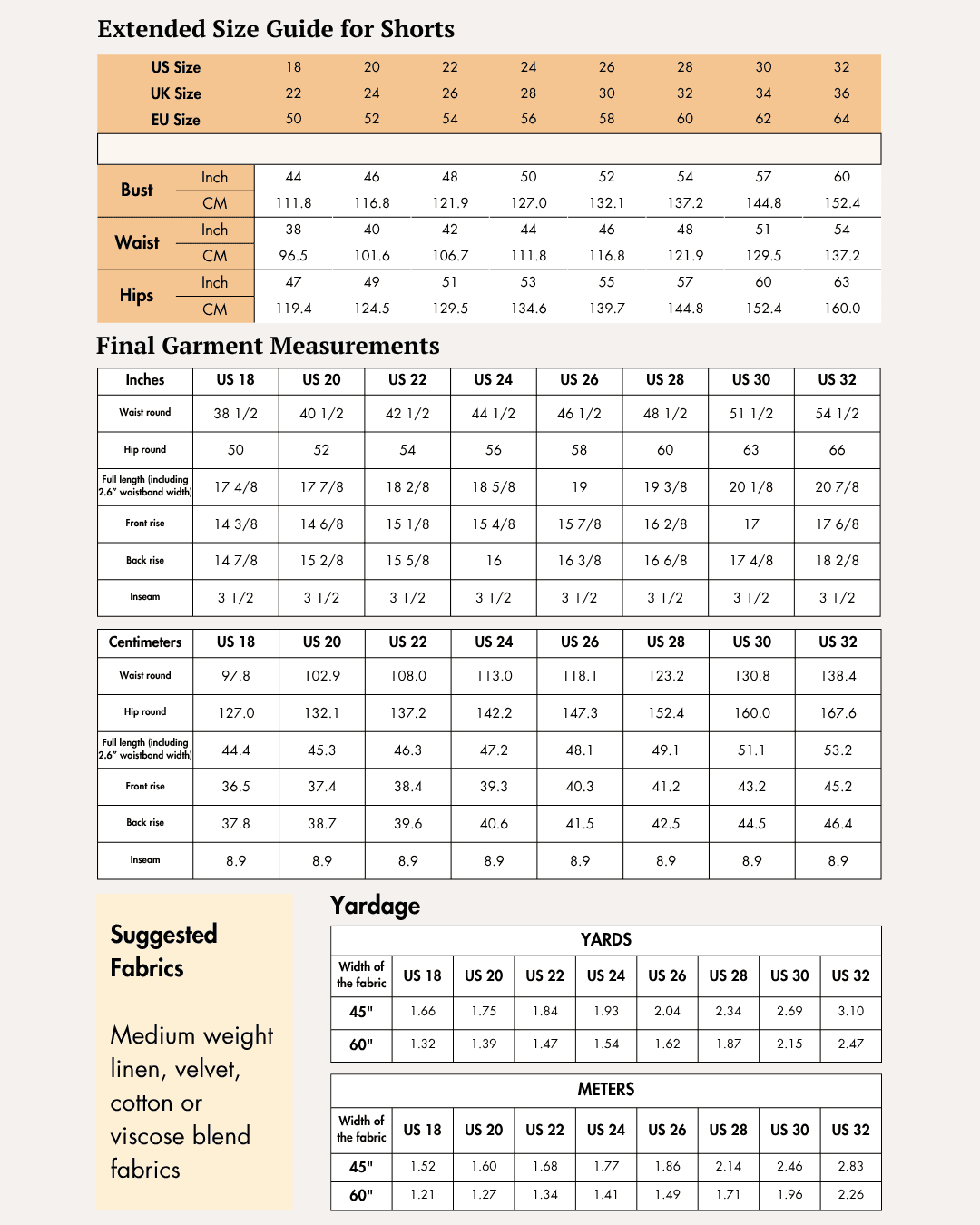 Extended Size guide for shorts sewing pattern 'Harper'
