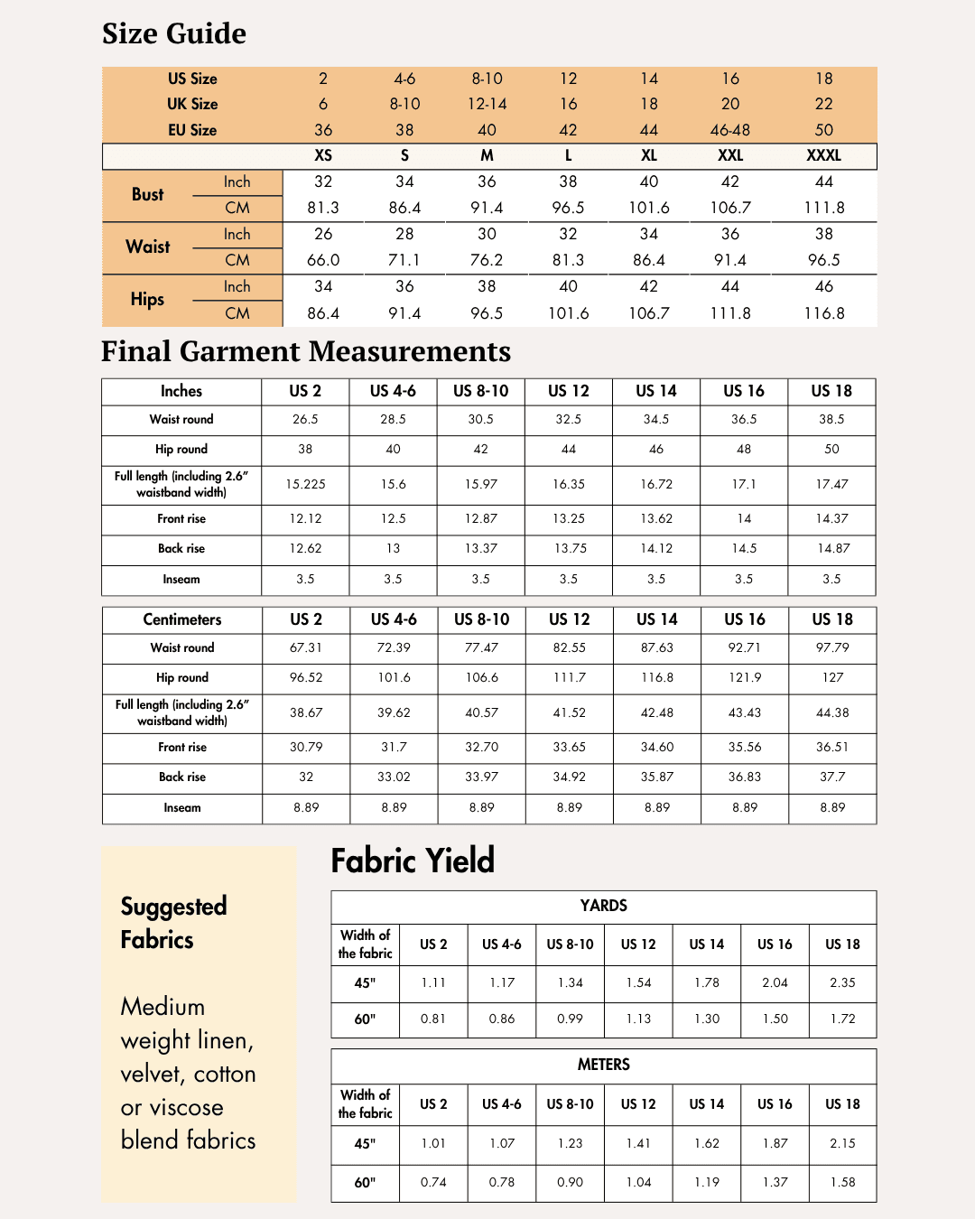 Size guide and garment measurements for harper high waisted shorts sewing pattern