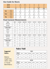 Size guide for shorts sewing pattern 'Harper'