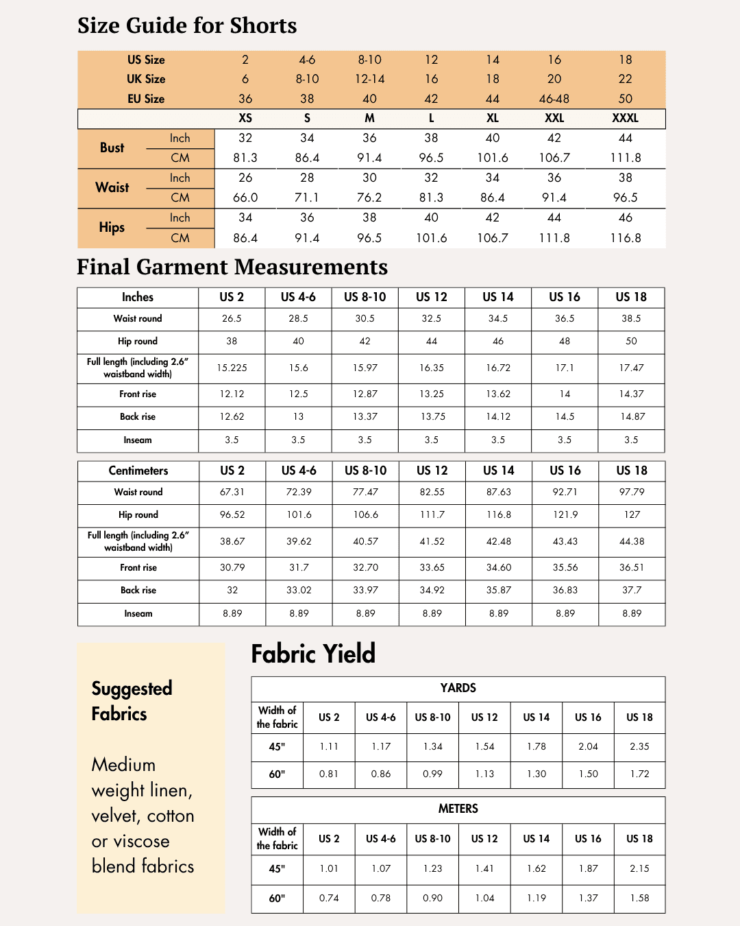 Size guide for shorts sewing pattern 'Harper'