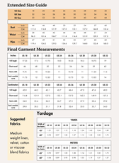 Extended Size guide chart for women's crop top waistcoat 'Harper' sewing pattern, includes bust, waist, hips measurements, and size conversions, arts and crafts