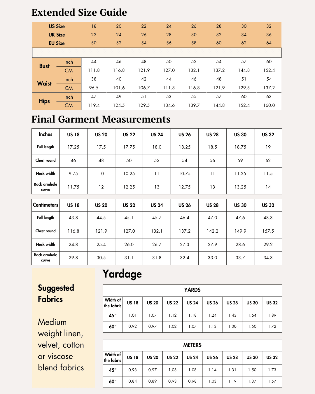 Extended Size guide chart for women's crop top waistcoat 'Harper' sewing pattern, includes bust, waist, hips measurements, and size conversions, arts and crafts