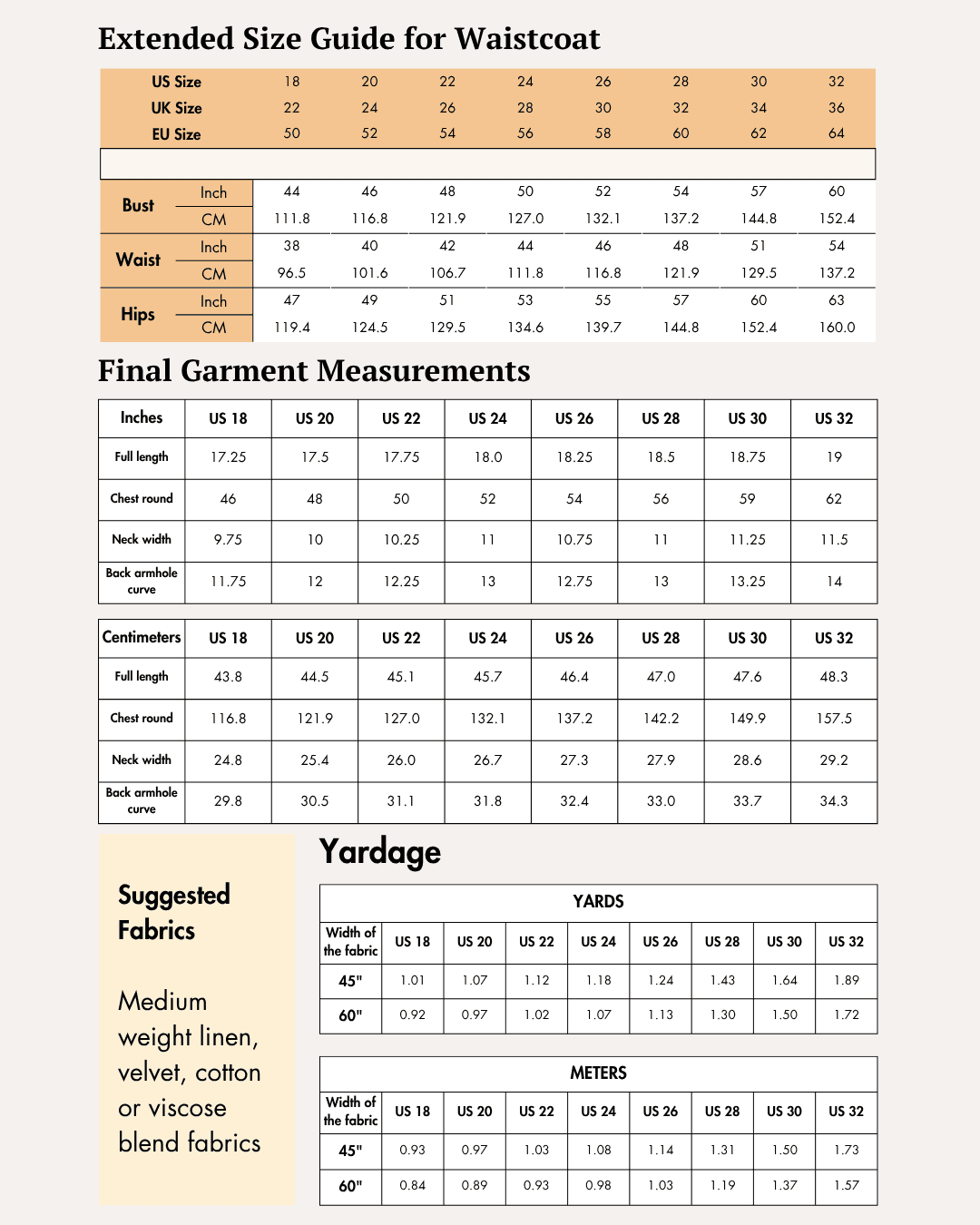 Extended Size guide for waistcoat  sewing pattern