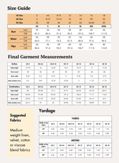Size guide chart for women's crop top waistcoat 'Harper' sewing pattern, includes bust, waist, hips measurements, and size conversions, arts and crafts