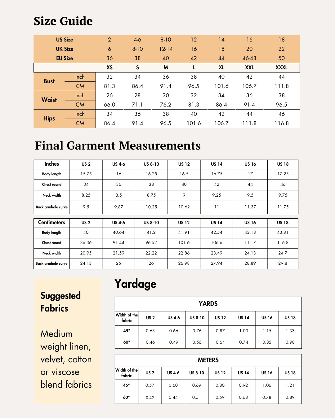 Size guide chart for women's crop top waistcoat 'Harper' sewing pattern, includes bust, waist, hips measurements, and size conversions, arts and crafts