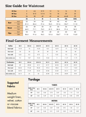 Size guide for waistcoat  sewing pattern