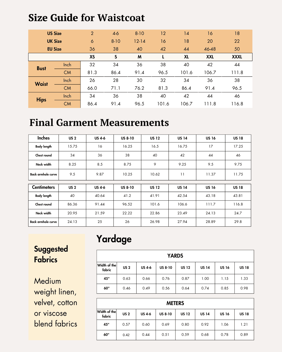 Size guide for waistcoat  sewing pattern