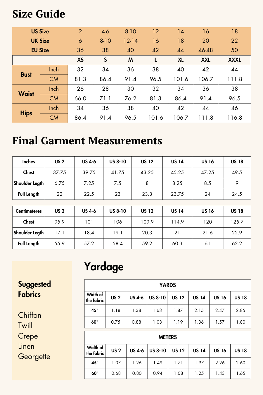 Size guide and fabric recommendations for the Winslet's V-neck relaxed top sewing pattern. Available in multiple sizes with yardage details for different fabrics.