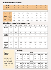 Extended size guide and final garment measurements with bust, bottom, shoulder, and length details for sewing pattern