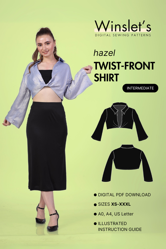 Cover image of a model wearing a twist front shirt with full length sleeves, and 2D image of the sewing pattern