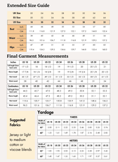 Extended Size guide chart for women's sewing pattern 'Hazel' with measurements in inches and centimeters