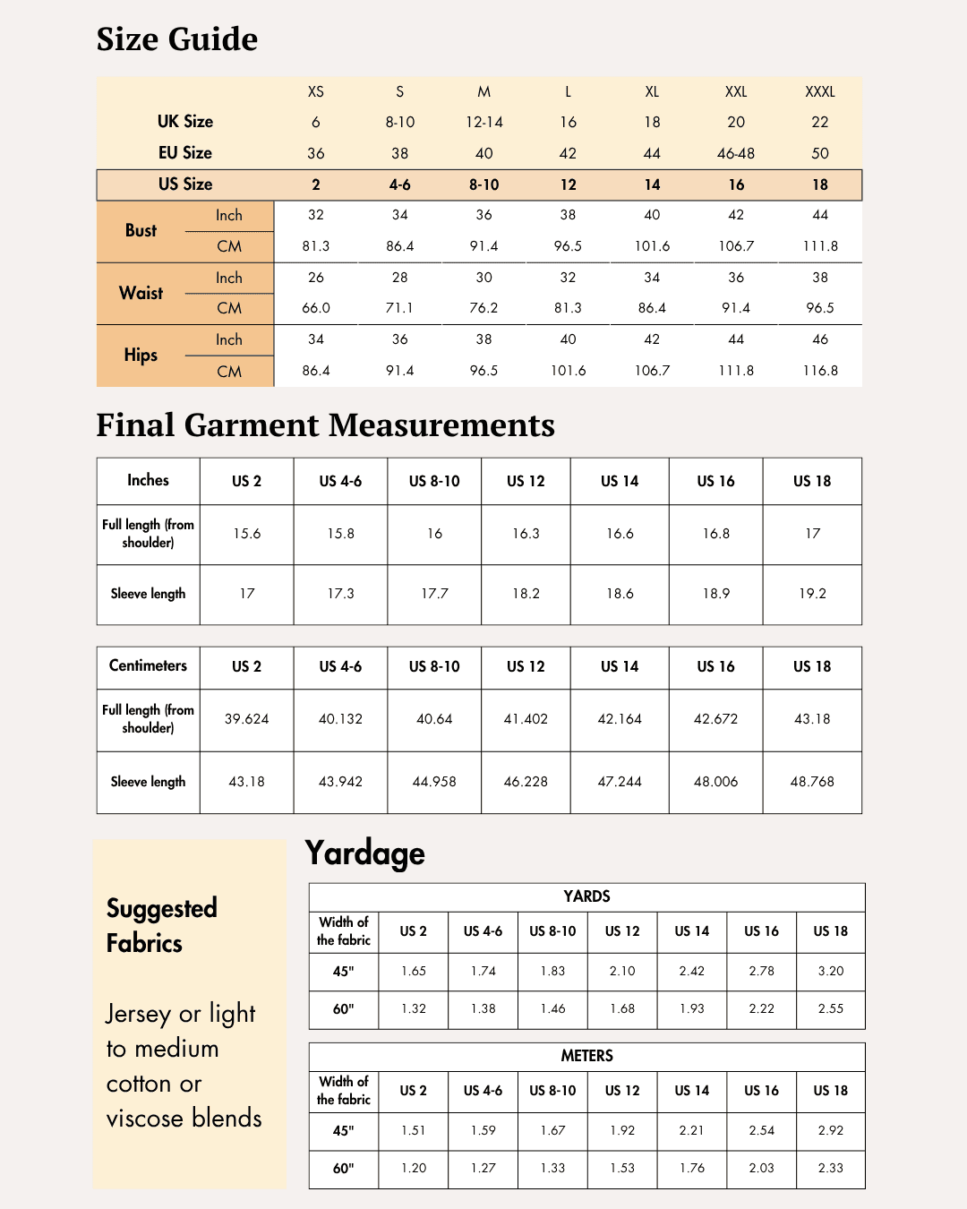 Size guide chart for women's sewing pattern 'Hazel' with measurements in inches and centimeters