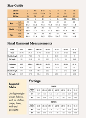 Size guide and measurement charts for women's sewing pattern, includes bust, waist, hips, and fabric yardage
