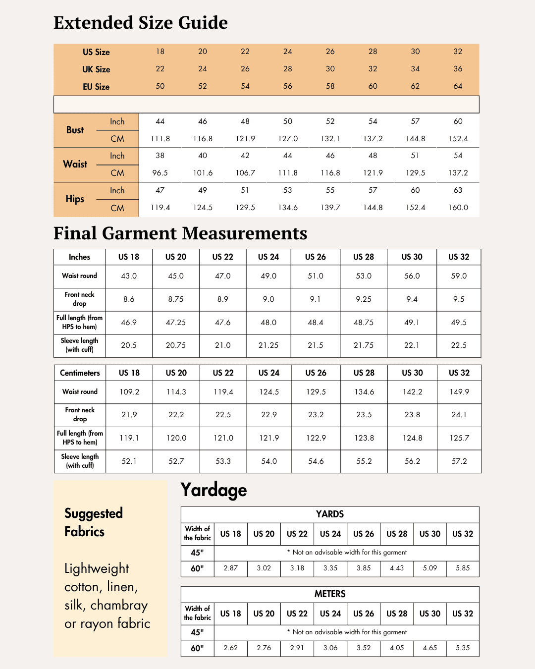 Extended size sewing pattern Heather with size charts for larger sizes
