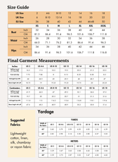 Size guide and measurement charts for Heather dress sewing pattern
