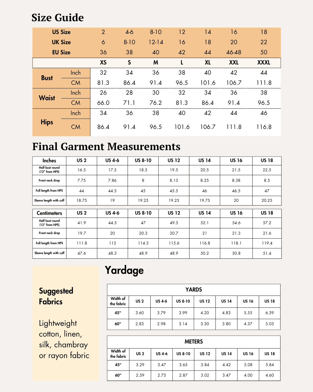 Size guide and measurement charts for Heather dress sewing pattern