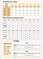 Extended size chart for women's pleated suspender skirt with detailed measurements and fabric yardage
