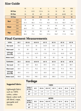 Size guide chart for women's pleated mini suspender skirt with measurements and fabric suggestions