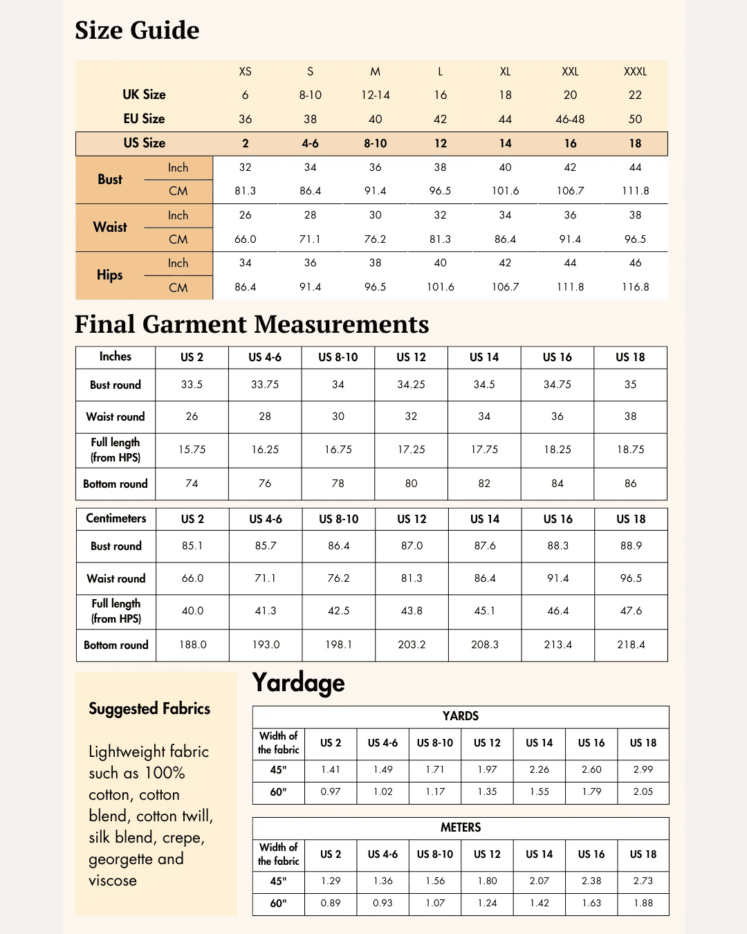Size guide chart for women's pleated mini suspender skirt with measurements and fabric suggestions