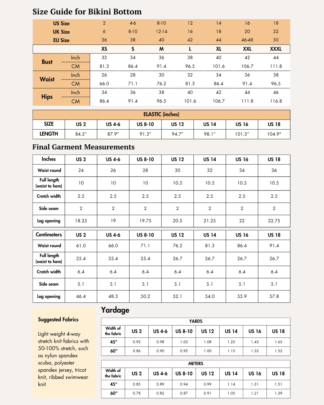 Extended size guide for women's bikini top with measurements