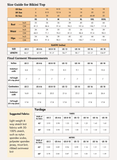 Size guide for women's bikini top and bottom sewing patterns