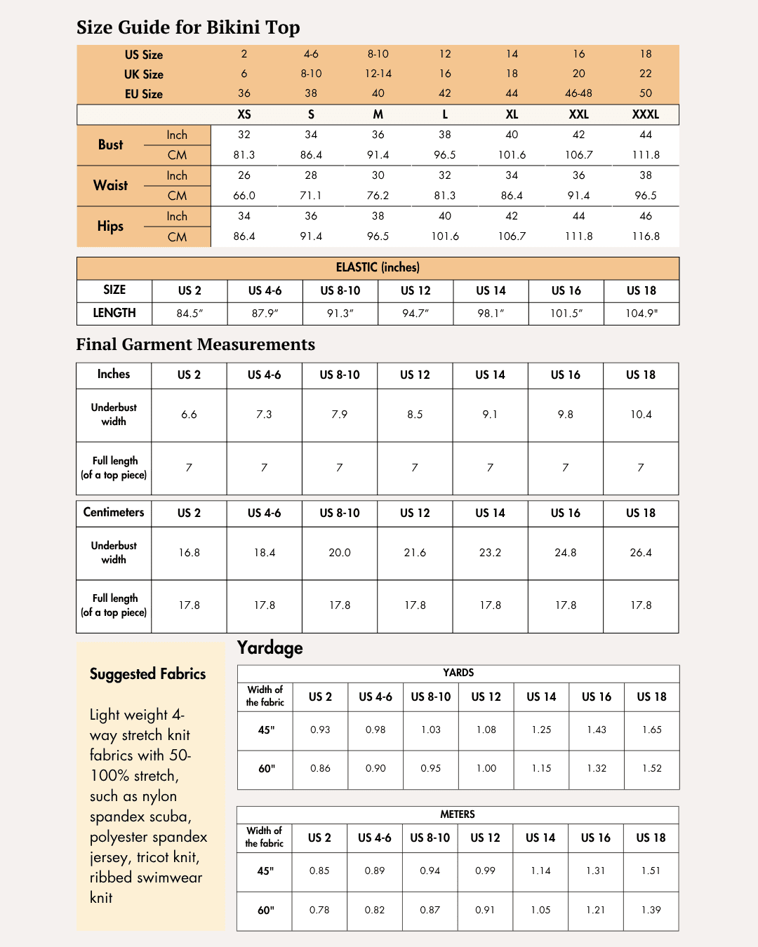 Size guide for women's bikini top and bottom sewing patterns
