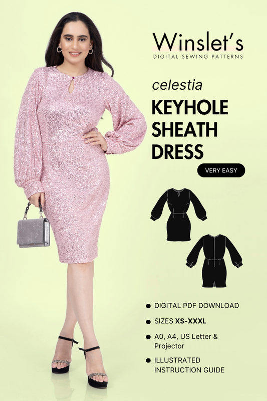 Cover image of a model wearing a sheath dress with keyhole. Image also contains flat overlay of the sewing pattern.