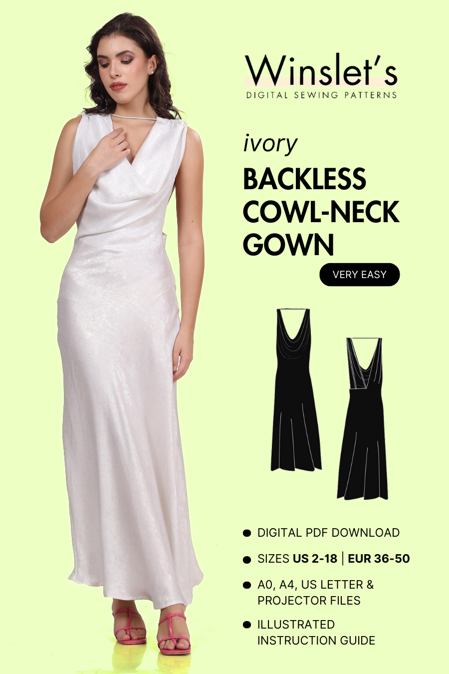 Backless Cowl Neck Gown Sewing Pattern 'Ivory'