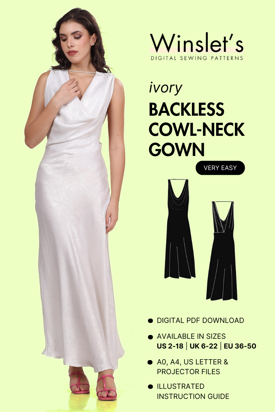 Backless Cowl Neck Gown Sewing Pattern 'Ivory'