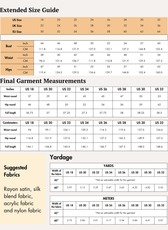Extended size guide with bust, waist, and hip measurements for sewing pattern