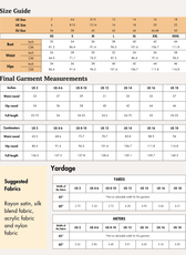Size guide and measurement charts for sewing a maxi dress