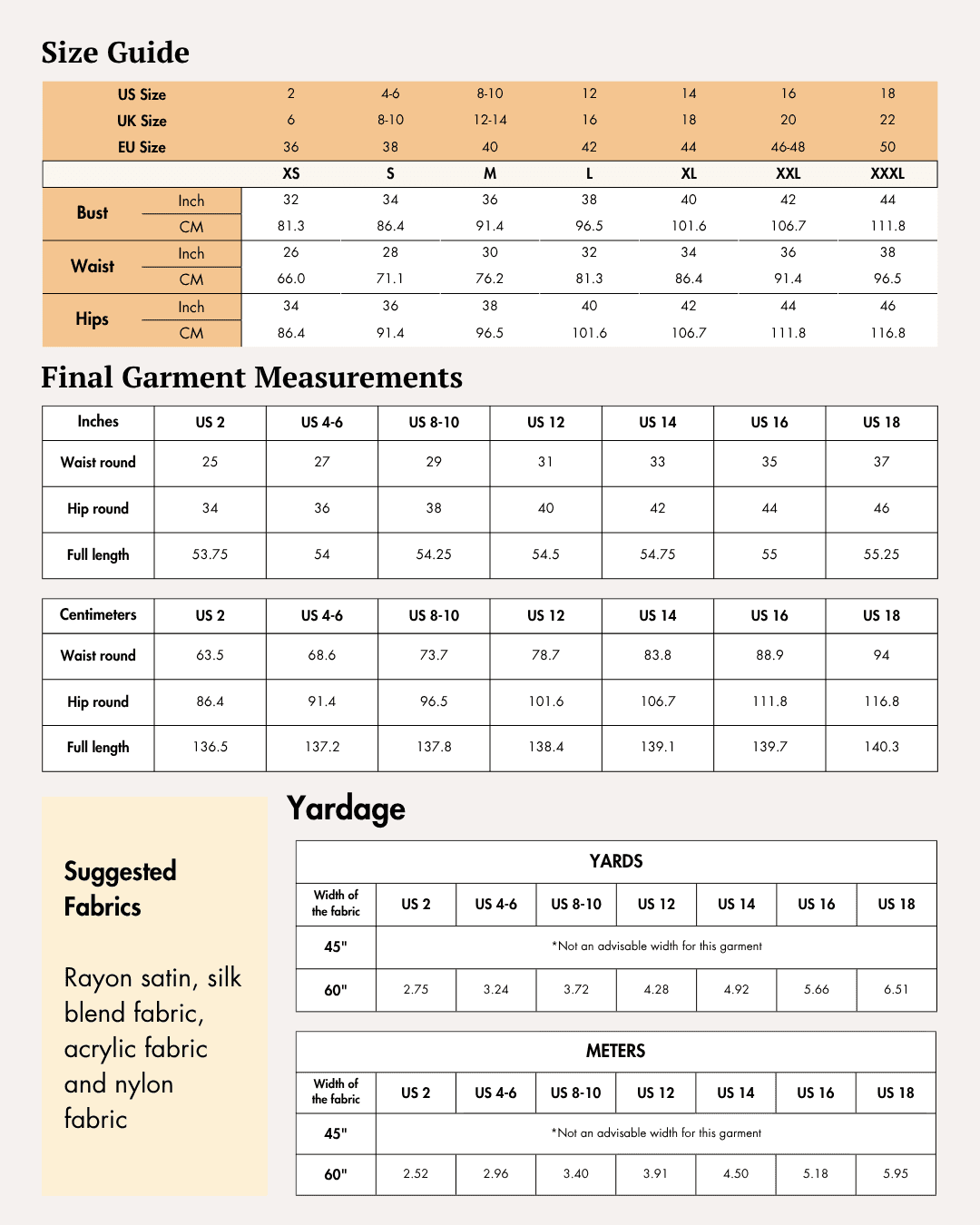 Size guide and measurement charts for sewing a maxi dress