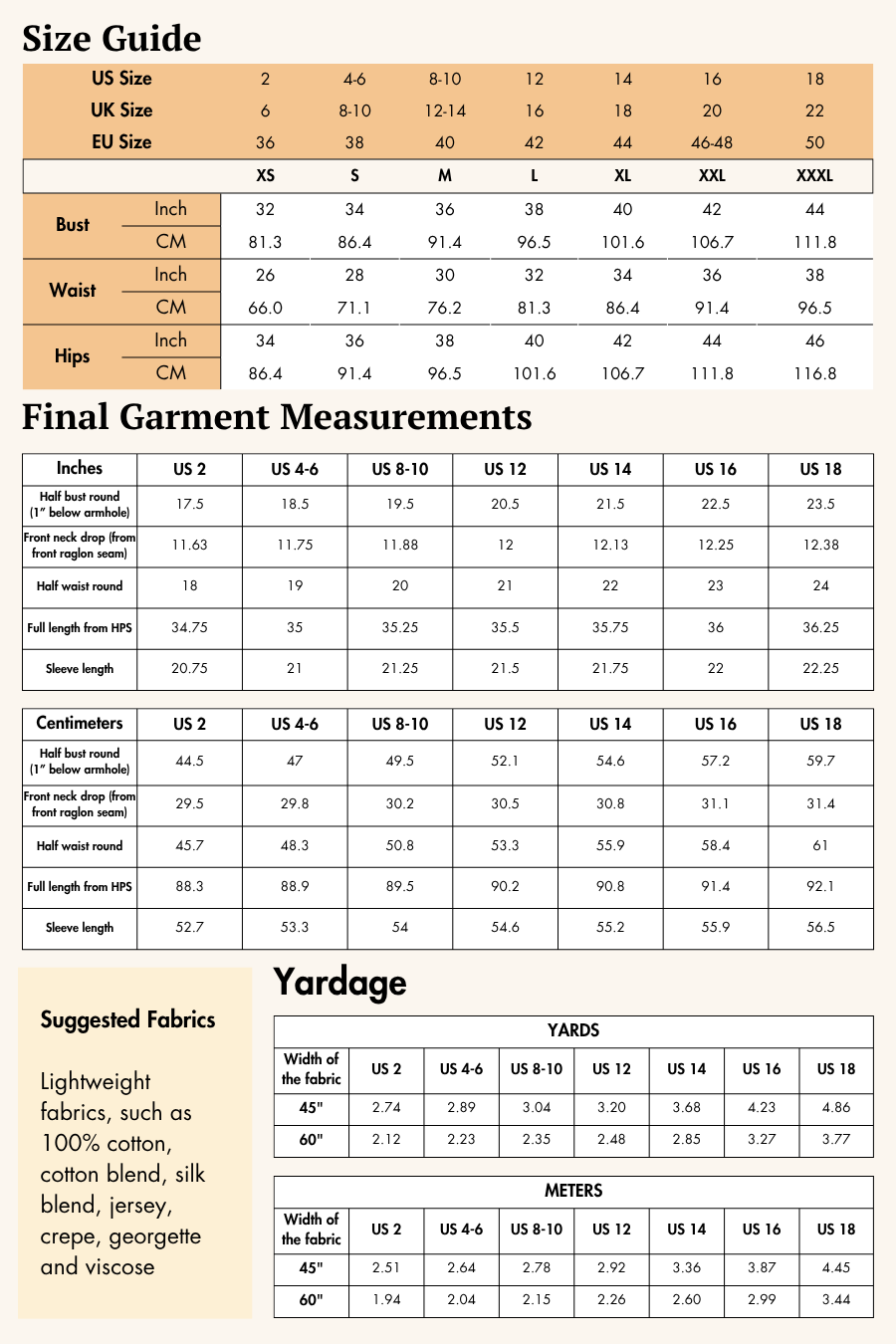 Size Guide for Women's Boho Dress Sewing Pattern