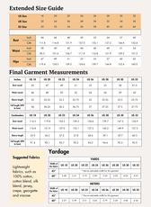 Extended size guide chart for women's sewing patterns with bust, waist, and hips measurements in inches and centimeters