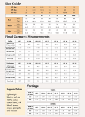 Size guide chart for women's boho dress sewing pattern with measurements