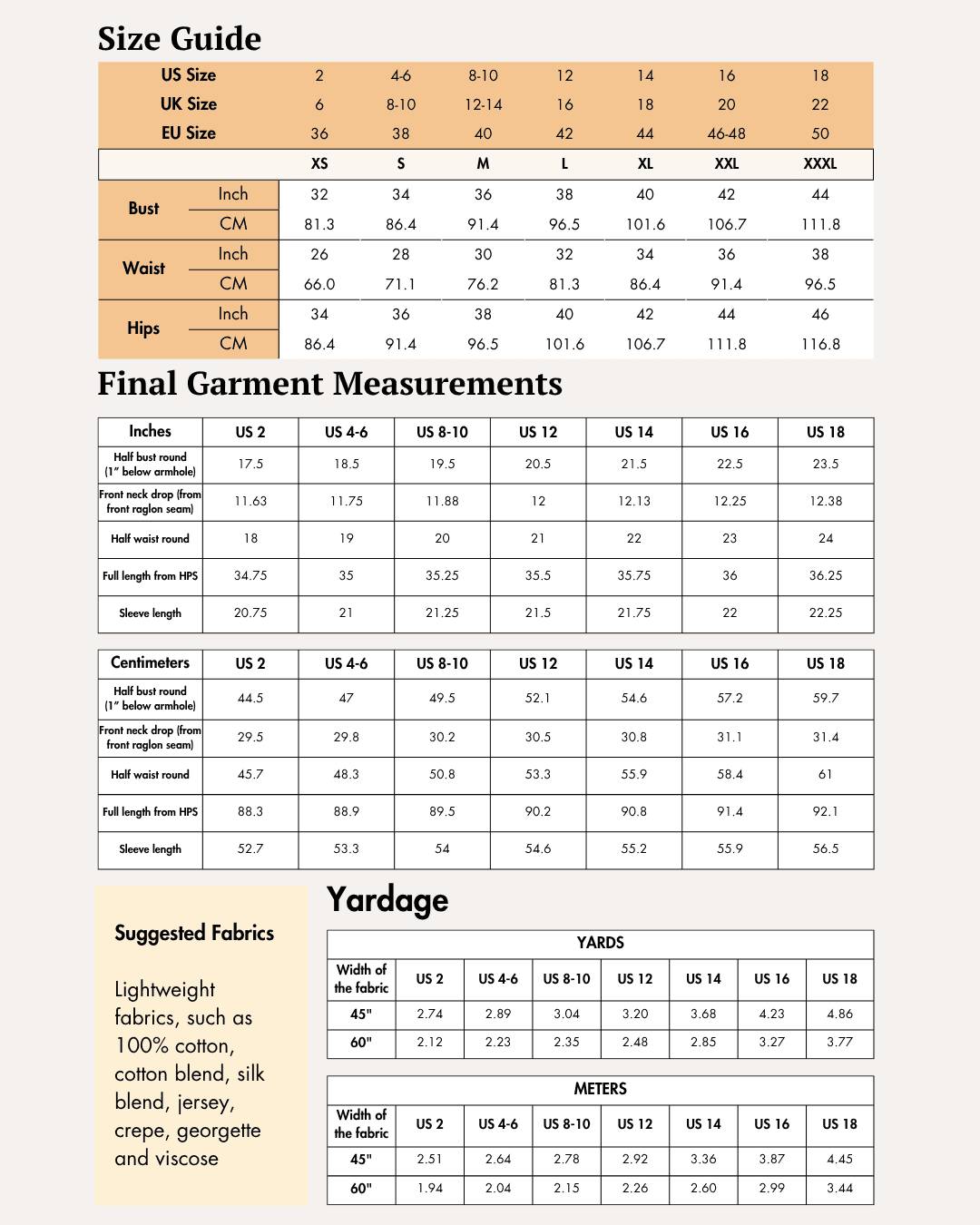 Size guide chart for women's boho dress sewing pattern with measurements