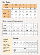 Size guide chart for Jade playsuit sewing pattern front and back views