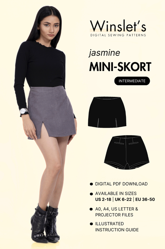 Skort sewing pattern 'Jasmine' by Winslet's, featuring a mini skort with an asymmetrical front flap. Available in sizes US 2-18, UK 6-22, EU 36-50 with A0, A4, Letter, and Projector files.