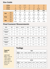 Size guide for sewing pattern with bust, waist, hips measurements
