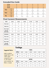 Extended size guide for men's polo shirt sewing pattern with chest, waist, hips, and finished measurements
