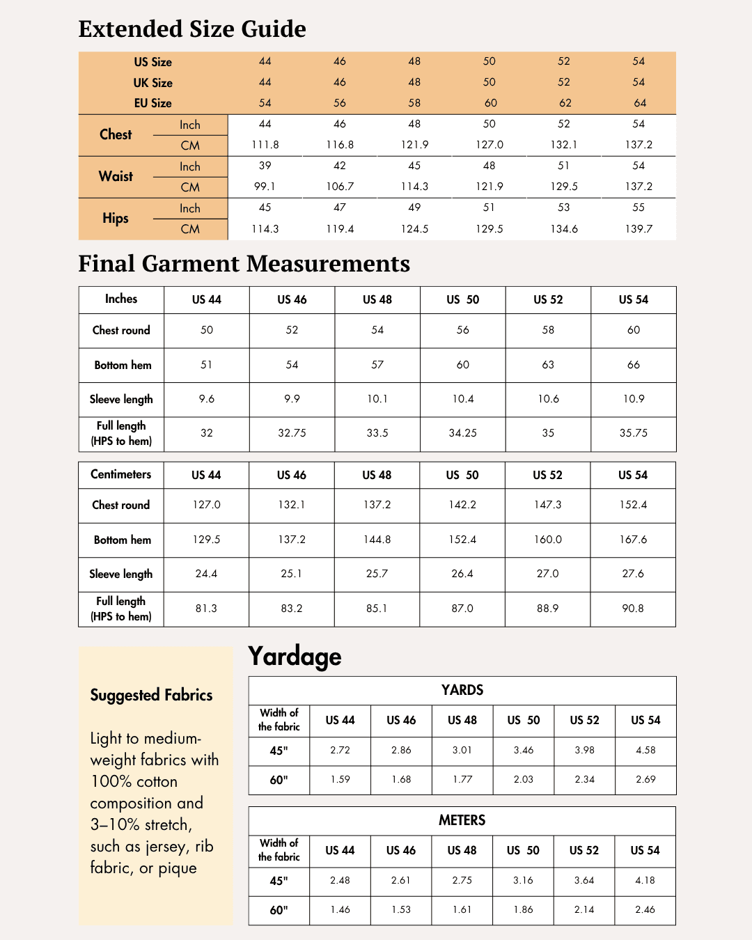 Extended size guide for men's polo shirt sewing pattern with chest, waist, hips, and finished measurements