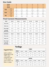 Size guide for men's polo shirt sewing pattern including chest, waist, hips, and finished garment measurements