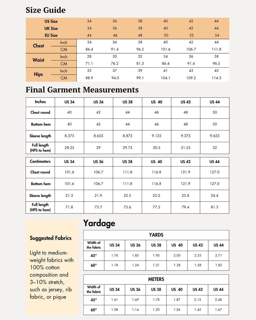 Size guide for men's polo shirt sewing pattern including chest, waist, hips, and finished garment measurements