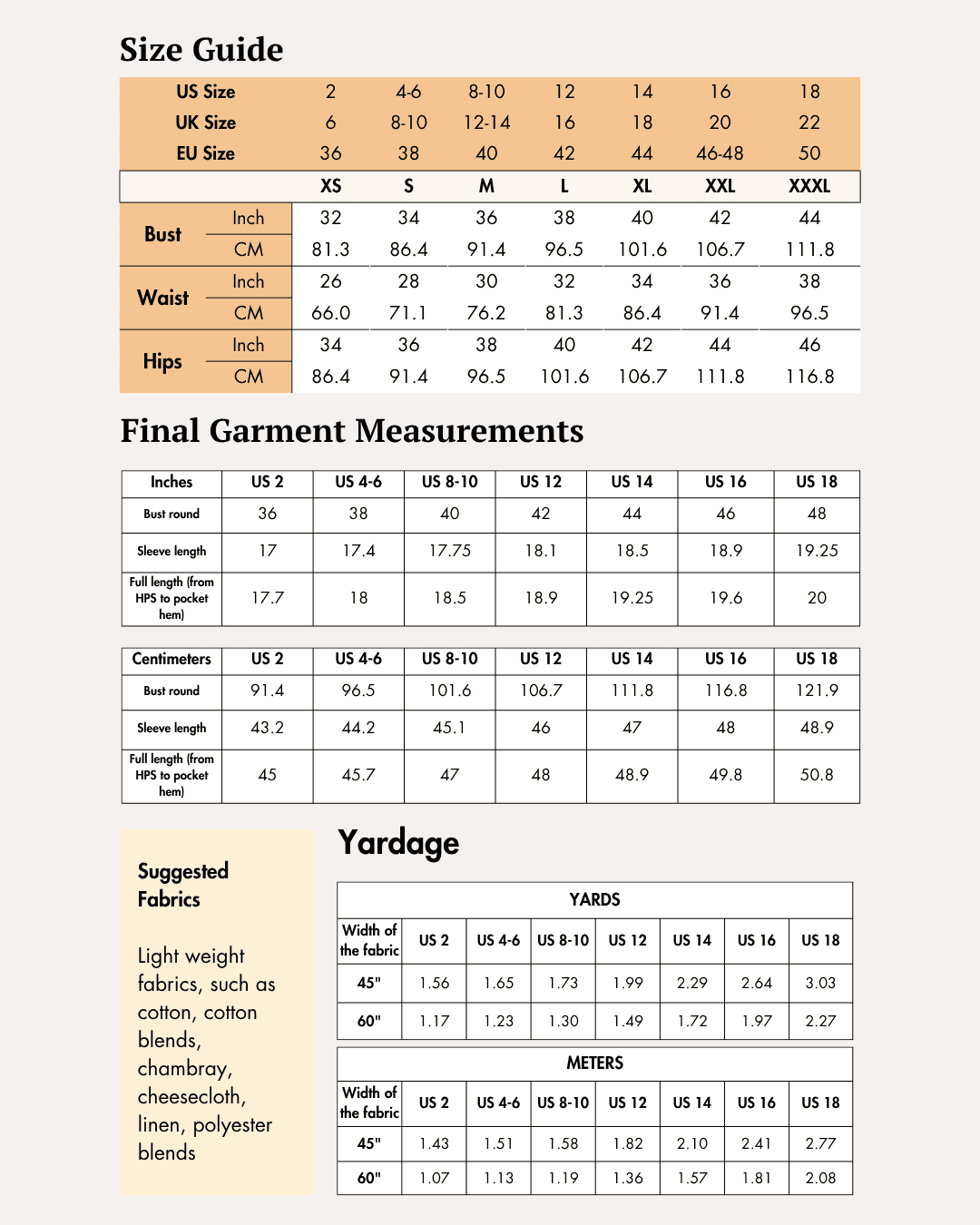 Size guide chart for sewing pattern with bust, waist, hips measurements in inches and centimeters