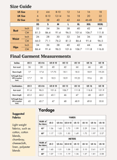 Size guide chart for sewing pattern with bust, waist, hips measurements in inches and centimeters