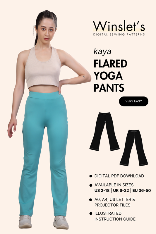 Flared yoga pants sewing pattern from Winslet's, beginner-friendly with digital PDF download. Available in US sizes 2-18, UK 6-22, EU 36-50.