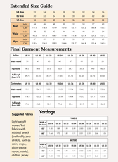 Extended Size Guide for Draped Skirt Sewing Pattern Lara PDF pattern highlights