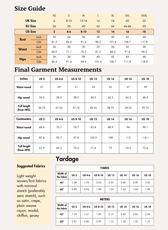 Size Guide for Draped Skirt Sewing Pattern Lara PDF pattern highlights