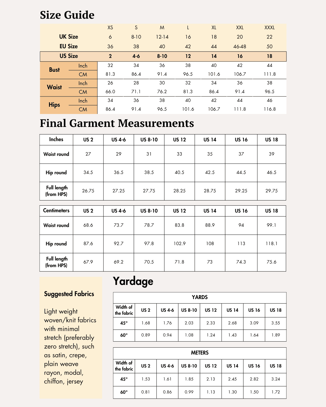 Size Guide for Draped Skirt Sewing Pattern Lara PDF pattern highlights