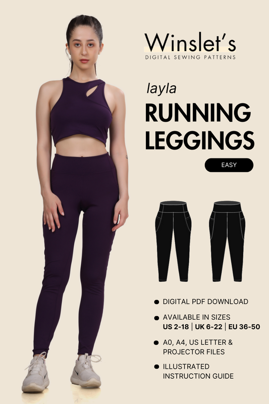 Running Leggings Sewing Pattern - Layla. Digital PDF pattern for high-waisted leggings with side pockets, available in multiple sizes for activewear.